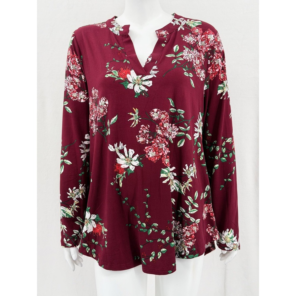 Othyroce Top Womens 1X Burgundy Floral Long‎ Sleeve V-Neck Stretch Peasant Boho